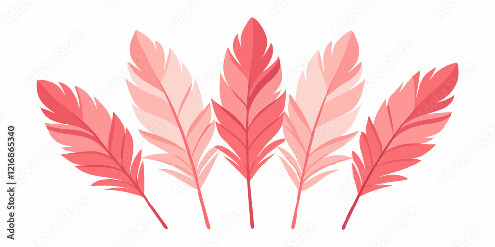 Trendy coral feathers. Vector pink fallen feathers isolated on white background. Elegant Coral Feather Illustration Set: Trendy Pink Feather Designs for Creative Projects.