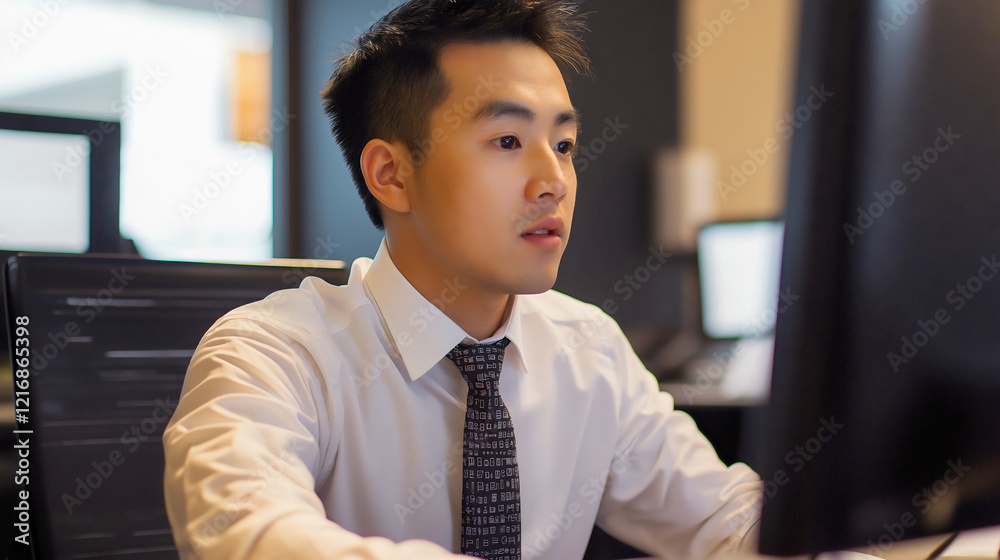 Focused Asian Businessman Working on Computer in Modern Office Environment Focused Asian Businessman Working on Computer in Modern Office Environment