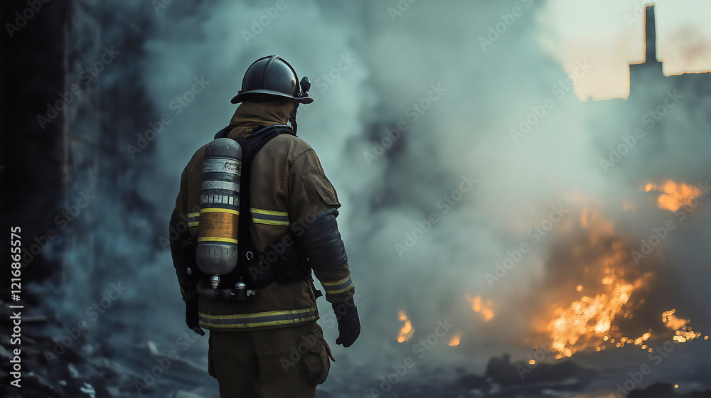 Fototapeta premium Courageous Firefighter Battling Flames in Smoke-Filled Environment During Rescue Operation