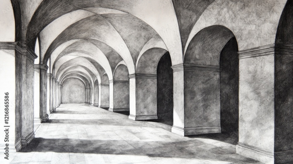 A detailed drawing of an arched corridor with shading and perspective. A detailed drawing of an arched corridor with shading and perspective.