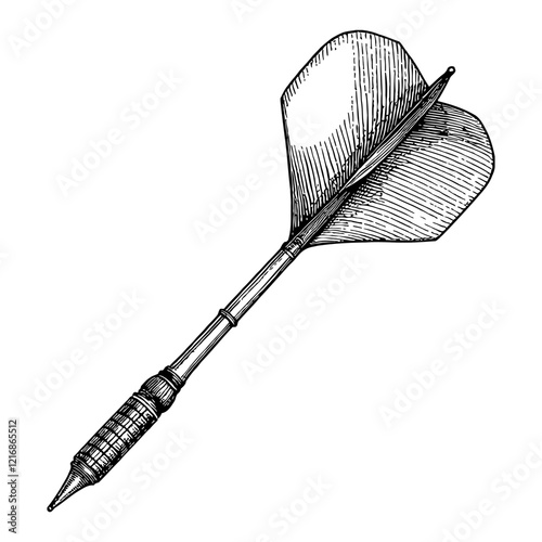 Detailed Dart with Feather and Grip in Black and White Outline Line Art Drawing Style
