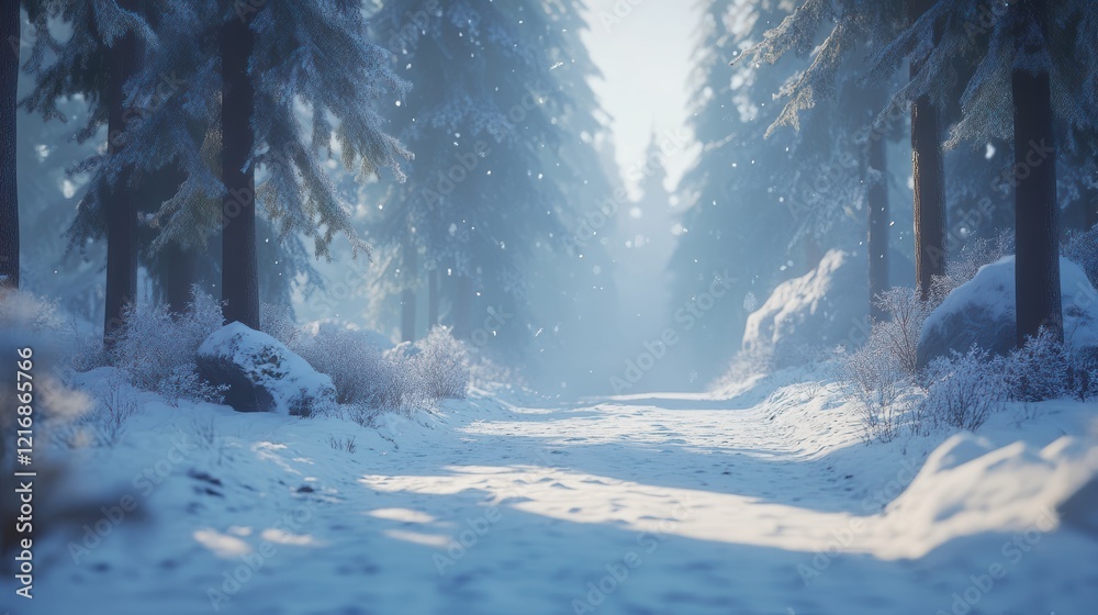 Fototapeta premium Snowy forest path with fir trees and blue sky