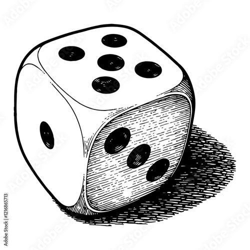 Dice with Shadow Detailed Black and White Outline Line Art Drawing Viewed from Above