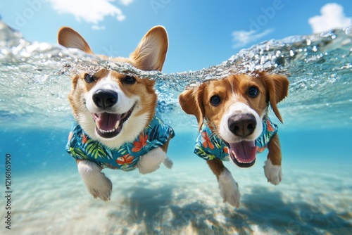 Two happy dogs swim underwater, wearing colorful tropical shirts, enjoying a sunny day at the beach.