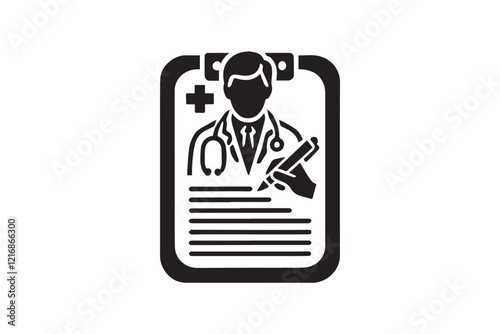 simple and subtle vector silhouette of a doctor writing prescription in black and white, set against a white background. 