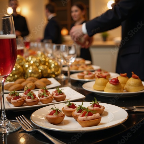 A festive New Years Eve party table featuring an array of appetizers cocktails and glimmering golden decor photo