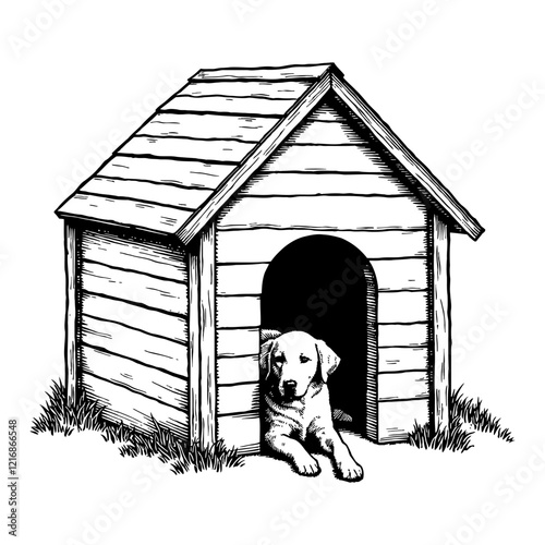 Dog House with a Labrador Puppy in Detailed Black and White Outline Line Art Drawing