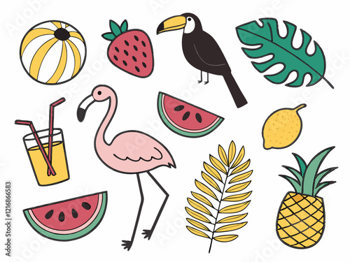 Set of cute summer icons. Hand drawn vector illustration. Flamingo, toucan, tropical palm leaves, fruits, food, drinks. Summertime poster, scrapbooking elements. 