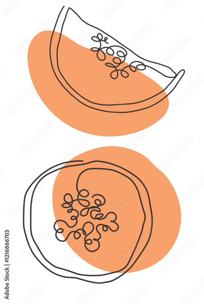Obraz premium Papaya fruit concept. Orange papaya print. Tropical fruit illustration. Hand drawn line illustration. Minimalism. Poster with fruit. Vector illustration, orange color