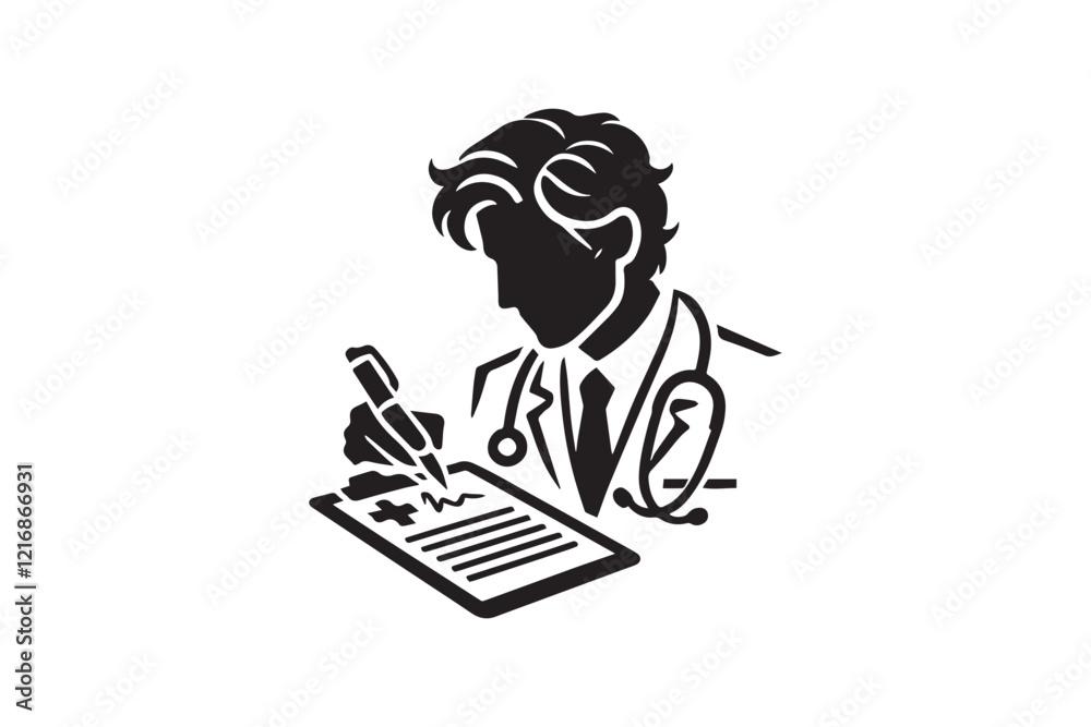 simple and subtle vector silhouette of a doctor writing prescription in black and white, set against a white background. simple and subtle vector silhouette of a doctor writing prescription in black and white, set against a white background.