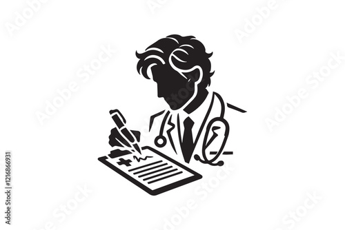 simple and subtle vector silhouette of a doctor writing prescription in black and white, set against a white background. 