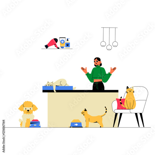 Pet Grooming Shop In Flat Vector Illustration Symbolizing Pet Services, Animal Care, And Hygiene, Isolated On White Background
