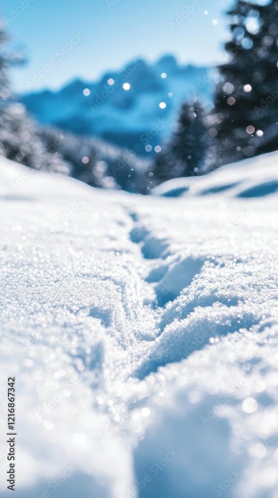 Snowy mountain ski trails with sunlit icy patches