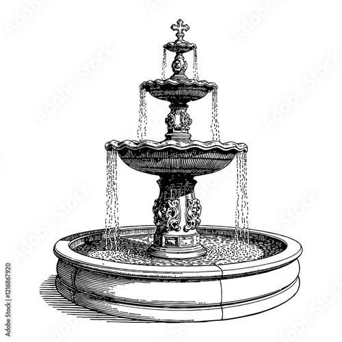 Three Tiered Detailed Fountain Black and White Outline Line Art Drawing Isolated Object