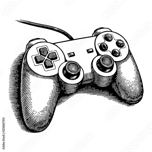 Gamepad Controller Detailed Black and White Outline Line Art Drawing With Buttons and Cable