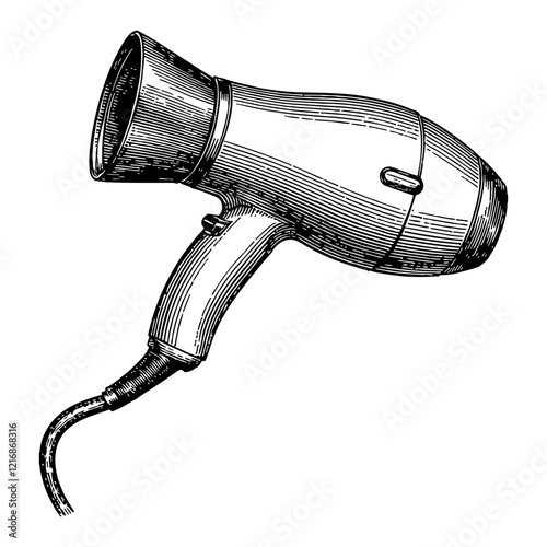 Detailed Hair Dryer Black and White Outline Line Art Drawing Isolated on White Background