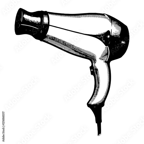 Hairdryer in Black and White Outline Line Art Drawing Hand Drawn Style with Detailed Lines