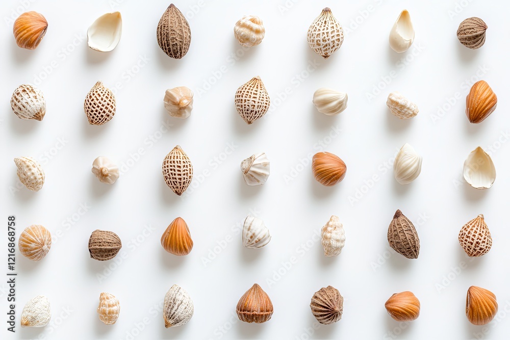 A flat lay of nut shells and kernels arranged in a geometric pattern on a white surface. picture A flat lay of nut shells and kernels arranged in a geometric pattern on a white surface. picture