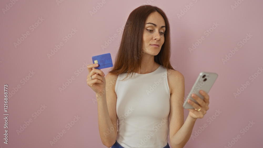 Young woman holding a credit card and smartphone against isolated pink background Young woman holding a credit card and smartphone against isolated pink background