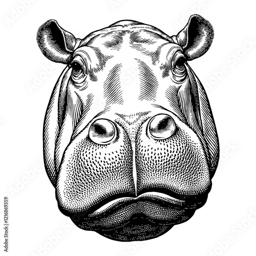 Hippo Head Front Portrait Detailed Black and White Outline Line Art Drawing