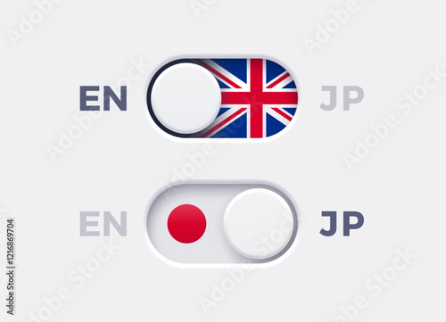 English language mode and Japan language mode toggle switch buttons. Toggle slider with United Kingdome flag icon and Japan flag icon. Material design slider switch buttons set. Vector illustration.