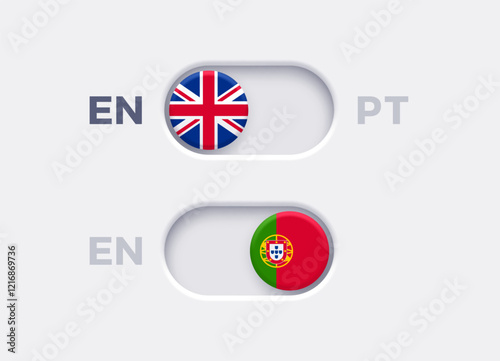 English language mode and Portuguese language mode toggle switch buttons.Toggle slider with United Kingdome flag icon and Portuguese flag icon. Material design slider switch buttons vector set.