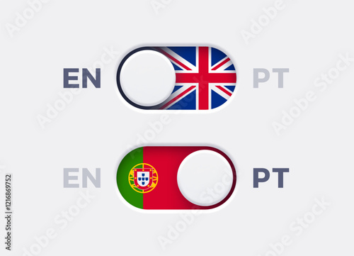 English language mode and Portuguese language mode toggle switch buttons.Toggle slider with United Kingdome flag icon and Portuguese flag icon. Material design slider switch buttons vector set.