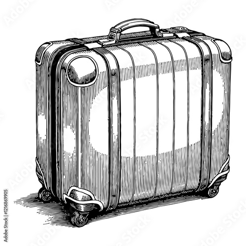 Detailed Luggage with Handle and Wheels Black and White Outline Line Art Drawing