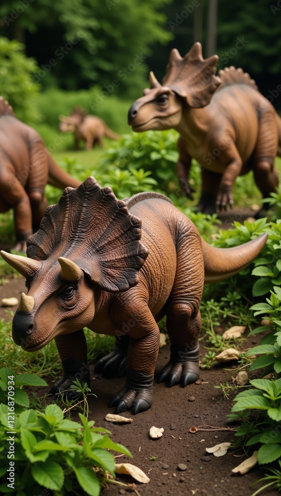 Fototapeta premium Detailed dinosaur illustration featuring Triceratops Stegosaurus and Ankylosaurus showcasing their scaly skin sharp horns and protective spikes surrounded by realistic leaves and stones