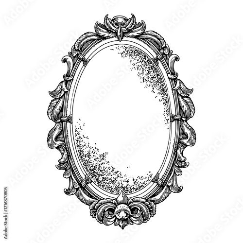 Antique Mirror with Ornate Frame Black and White Outline Line Art Drawing Isolated Object