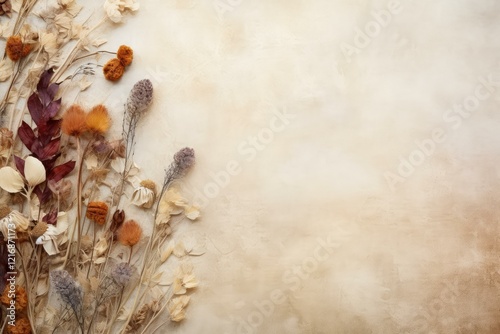 Autumn composition of dried flowers and leaves creating a border on beige textured background with copy space