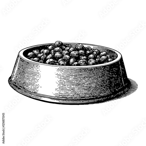 Pet Bowl with Food in Detailed Black and White Outline Line Art Drawing Style from a Low Angle View