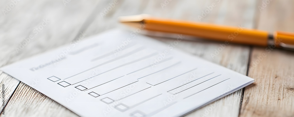 A close-up of a blank checklist on a wooden surface, accompanied by a pen. Ideal for business forms, organization, or task management themes in a professional setting. A close-up of a blank checklist on a wooden surface, accompanied by a pen. Ideal for business forms, organization, or task management themes in a professional setting.