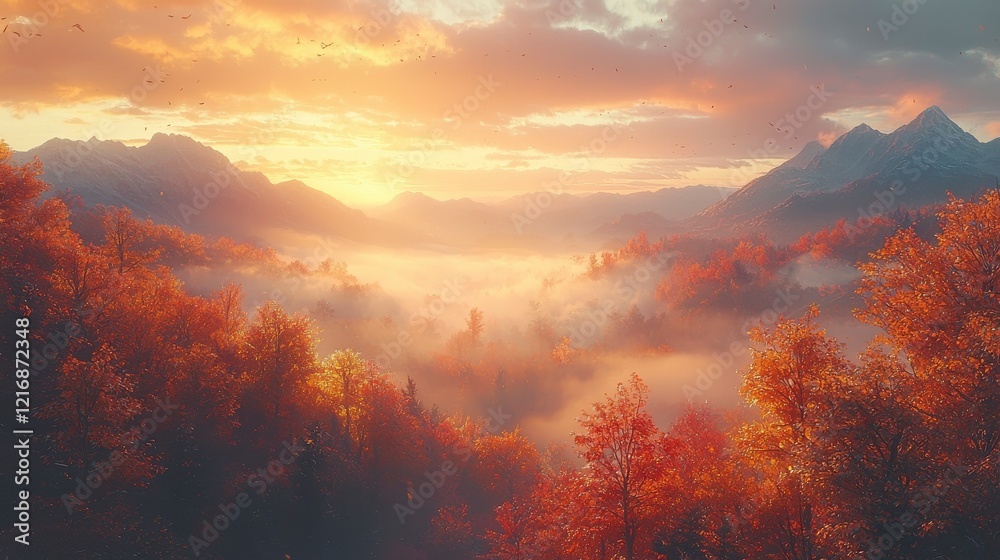 An enchanting view of a misty valley splashed with autumn colors at sunrise, inviting observers to immerse themselves in nature’s breathtaking spectacle. An enchanting view of a misty valley splashed with autumn colors at sunrise, inviting observers to immerse themselves in nature’s breathtaking spectacle.