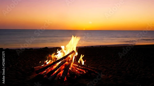 Tranquil bonfire by the seashore at sunset with calming waves and coastal serenity