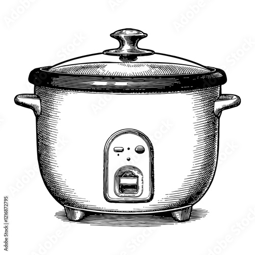 Rice Cooker Kitchen Appliance in Detailed Black and White Outline Line Art Drawing