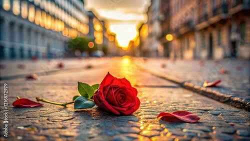 A single red rose petal lies abandoned on a grey city street at sunset , jealousy, lovesickness