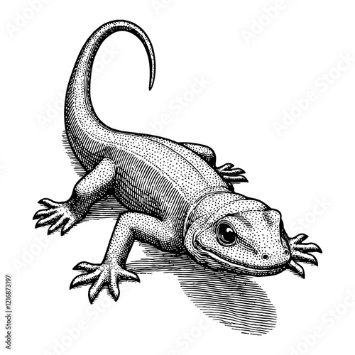 Salamander Reptile with Detailed Texture in Black and White Outline Line Art Drawing