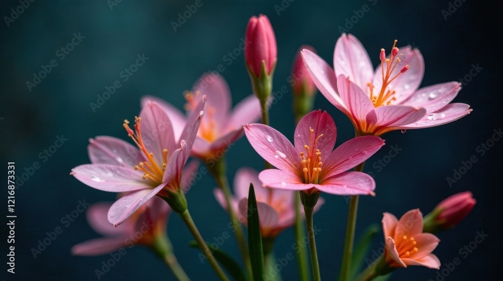 Fototapeta premium Delicate Pink Blooms with Dew Drops on Petals, a Close-Up Botanical Study