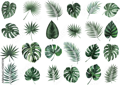 Watercolor Exotic tropical leaves Vcetor. Exotic plants, palm leaves, isolated on white background.