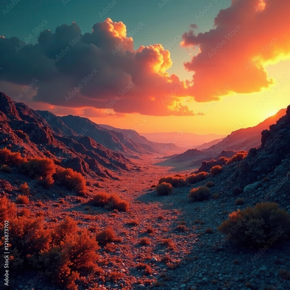 Fototapeta premium Desolate terrain stretches towards a burning sky in summer, summer, ash