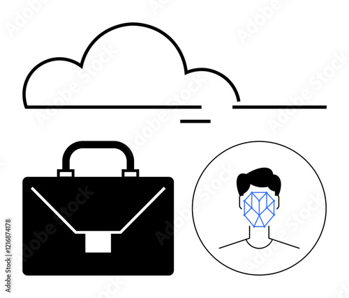 Black briefcase, cloud, and facial recognition diagram outline digital security, identity verification, remote work, data storage, and business management. Ideal for tech, business cloud services