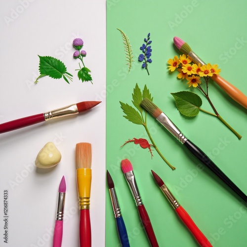 Vibrant flora and fauna depicted with colorful brush strokes against a greenwhite backdrop to symbolize eco-friendly business practices and sustainability photo