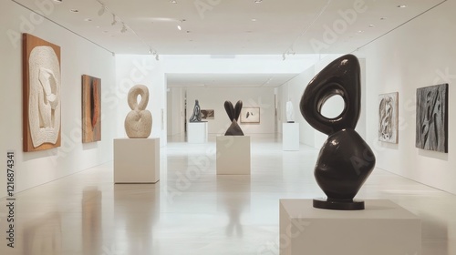 Modern Art Gallery Featuring Abstract Sculptures and Wall Art