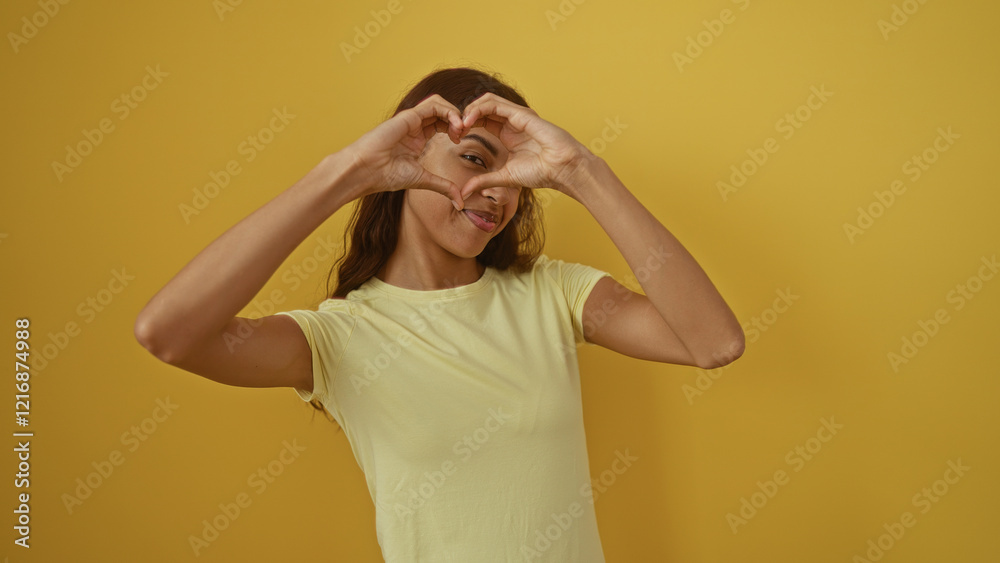 Beautiful young hispanic woman with brunette hair forms a heart shape with her hands over an isolated yellow background wall. Beautiful young hispanic woman with brunette hair forms a heart shape with her hands over an isolated yellow background wall.