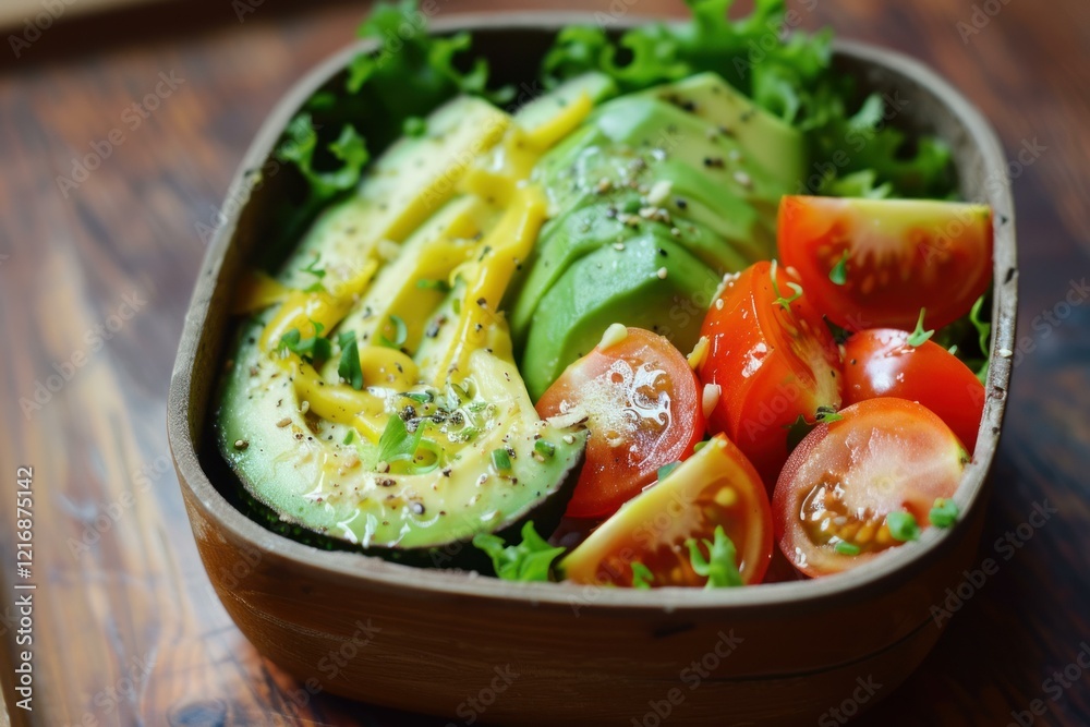 Salad with avocado, cherry tomatoes and mustard dressing in a wooden bowl is a healthy vegan lunch Salad with avocado, cherry tomatoes and mustard dressing in a wooden bowl is a healthy vegan lunch