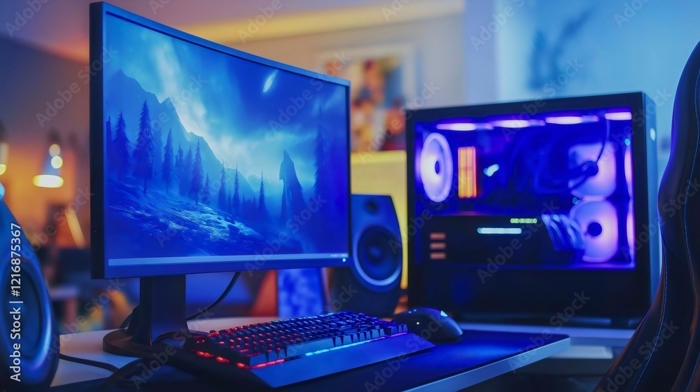 Naklejka premium Immersive Gaming Setup with RGB Monitor and Keyboard in Modern Workspace