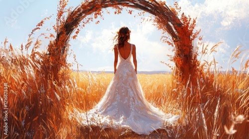 A bride in a bohemian-inspired wedding dress, standing in a sunlit field of tall grass, surrounded by a rustic wooden arch. photo