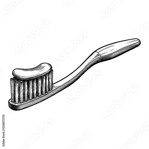 Toothbrush with Toothpaste on Top Detailed Black and White Outline Line Art Drawing