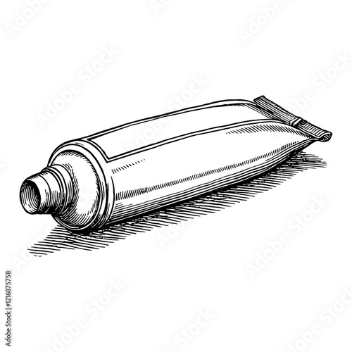 Toothpaste Tube Detailed Black and White Outline Line Art Drawing with Vintage Style Texture